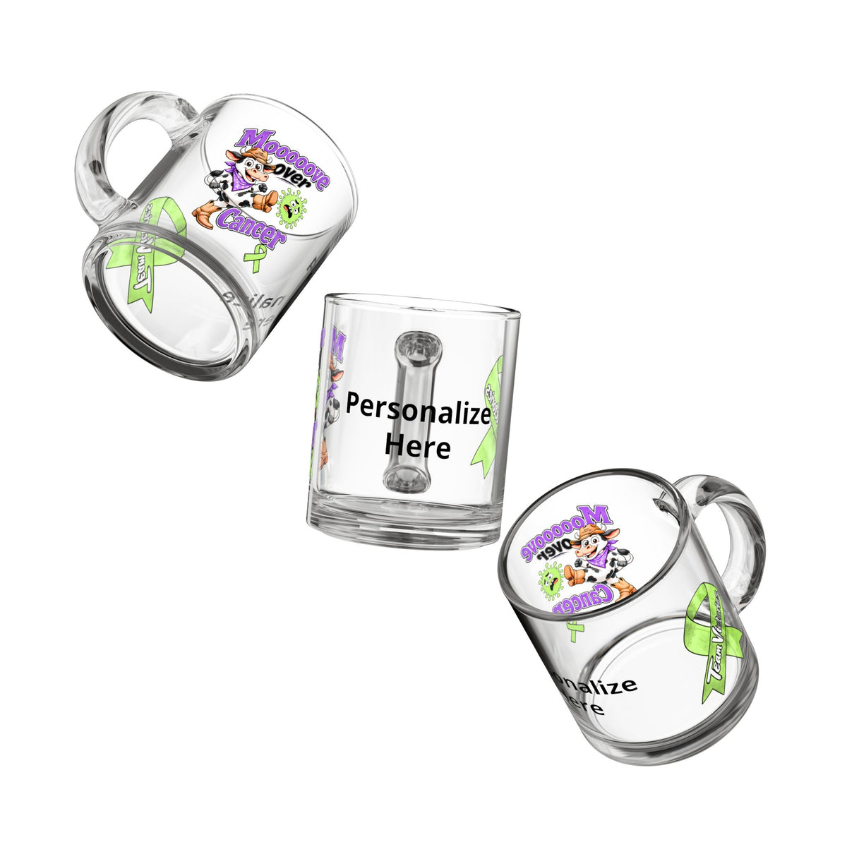 Moooove Over Cancer personalized 10 oz glass mug shown from multiple angles