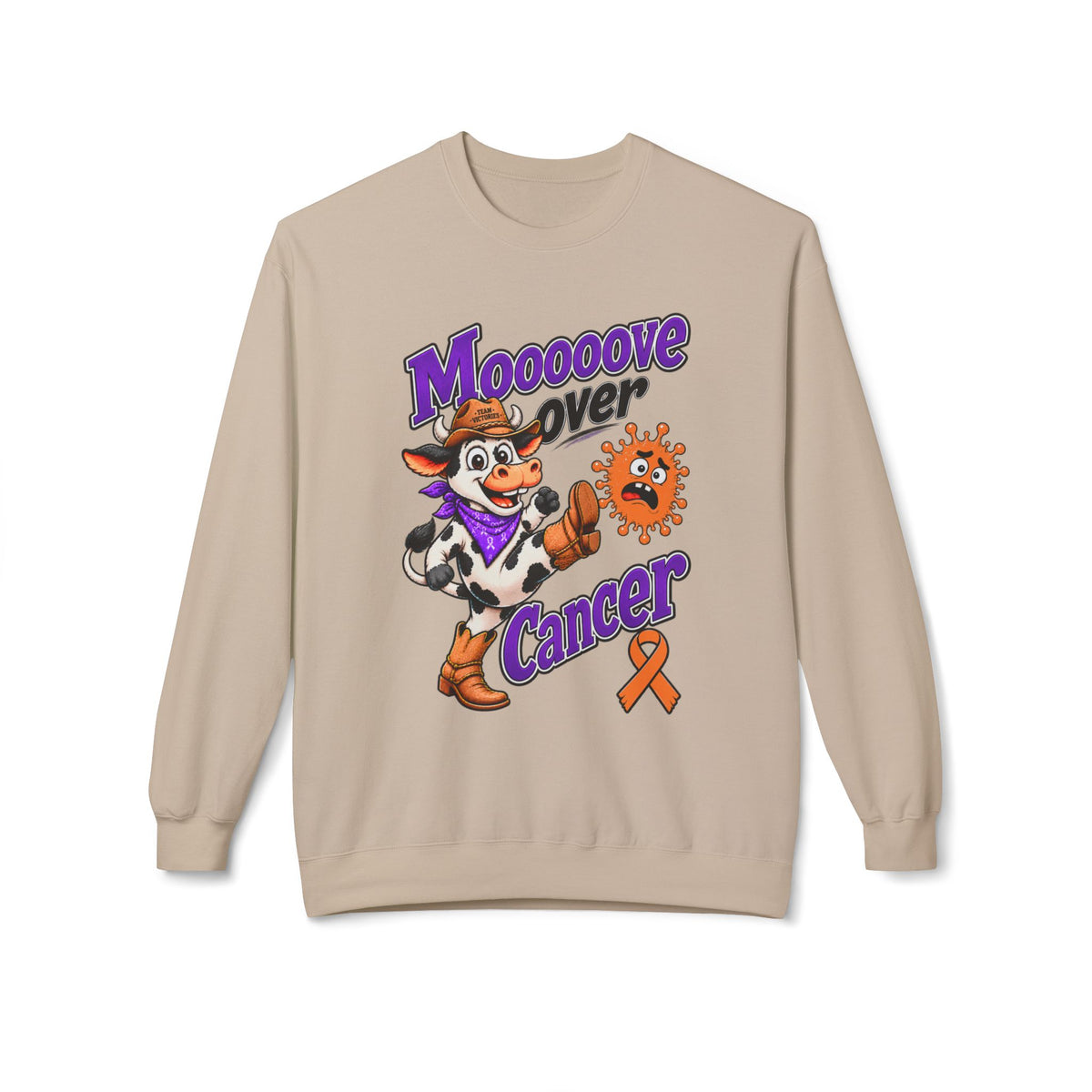 Woman wearing Moooove Over Cancer crewneck with cowboy cow and Leukemia/Kidney Cancer ribbon