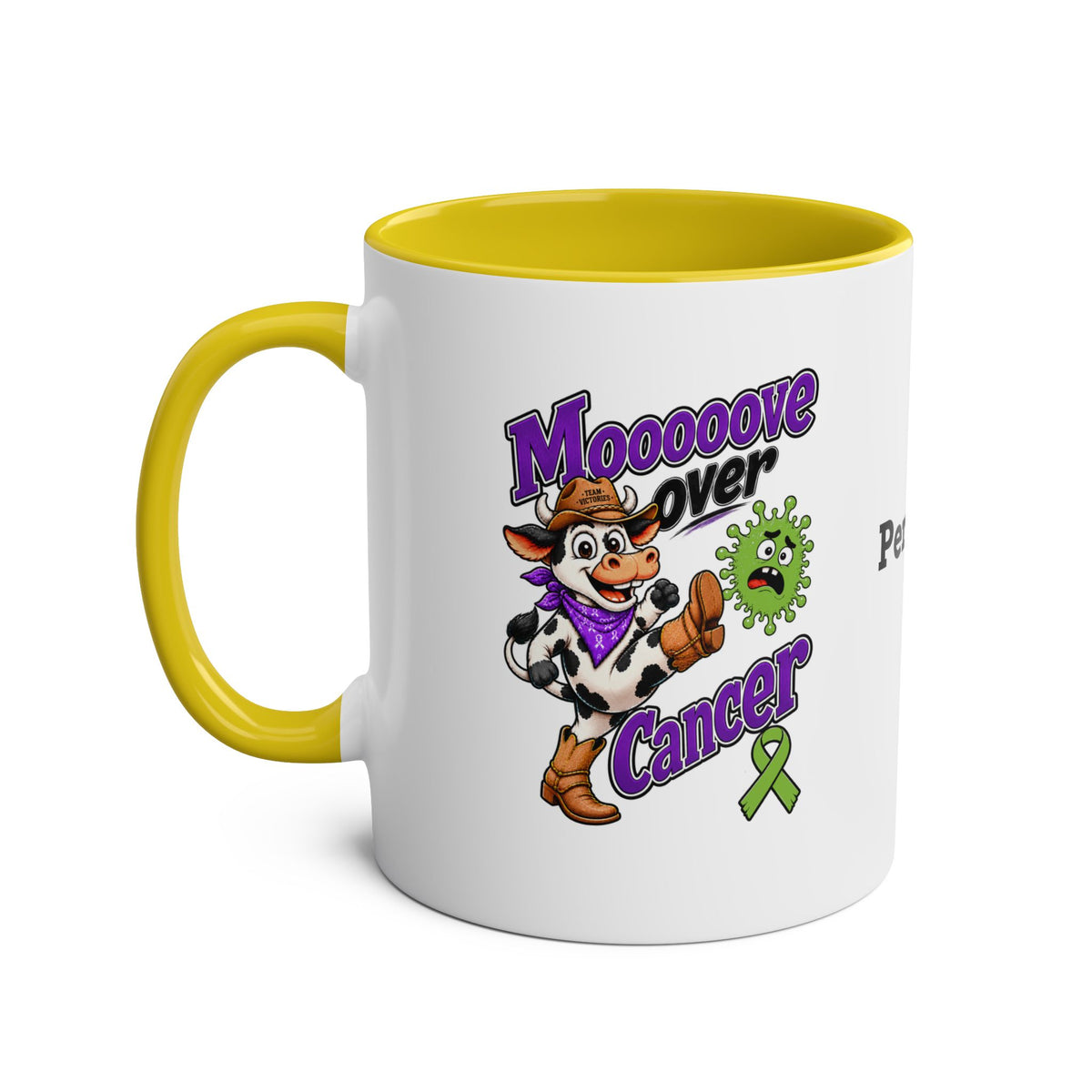 Moooove Over Cancer two-tone mug with yellow handle and interior