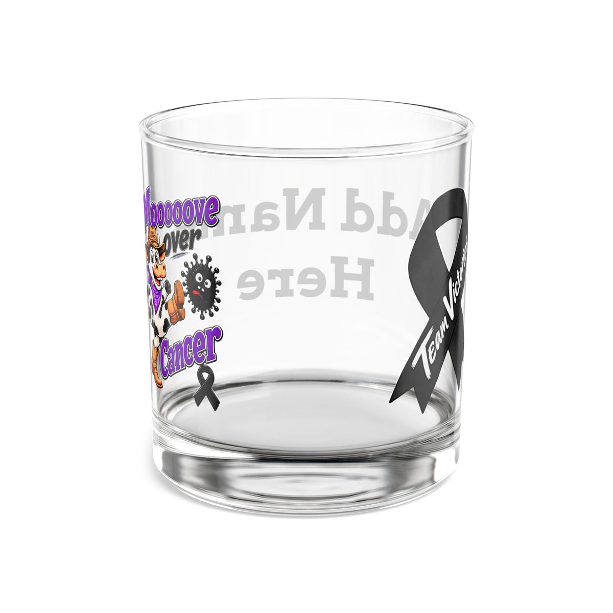 Wraparound Moooove Over Cancer artwork and black ribbon on a clear rocks glass
