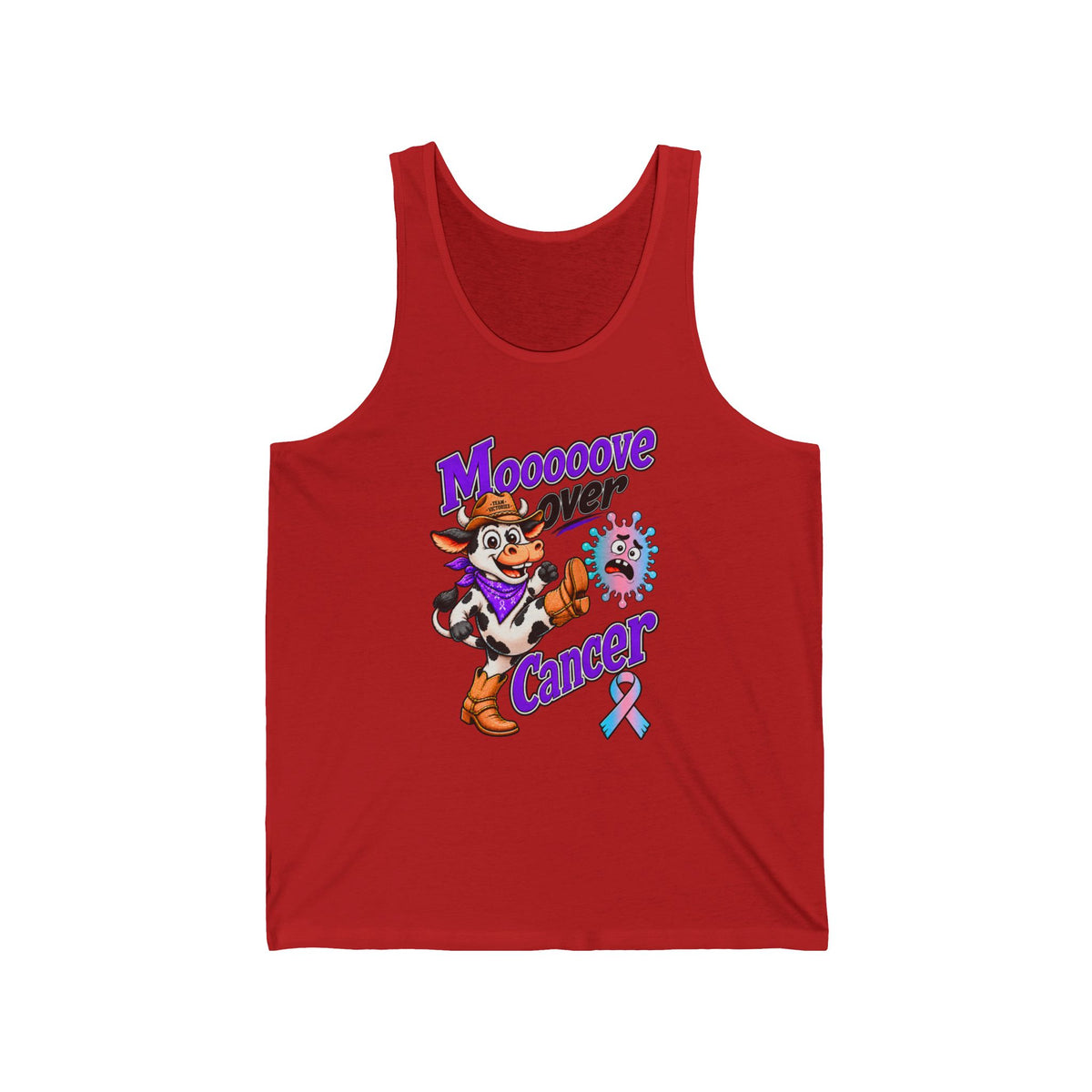 Red Moooove Over Cancer tank top with cow artwork and Thyroid Cancer awareness ribbon