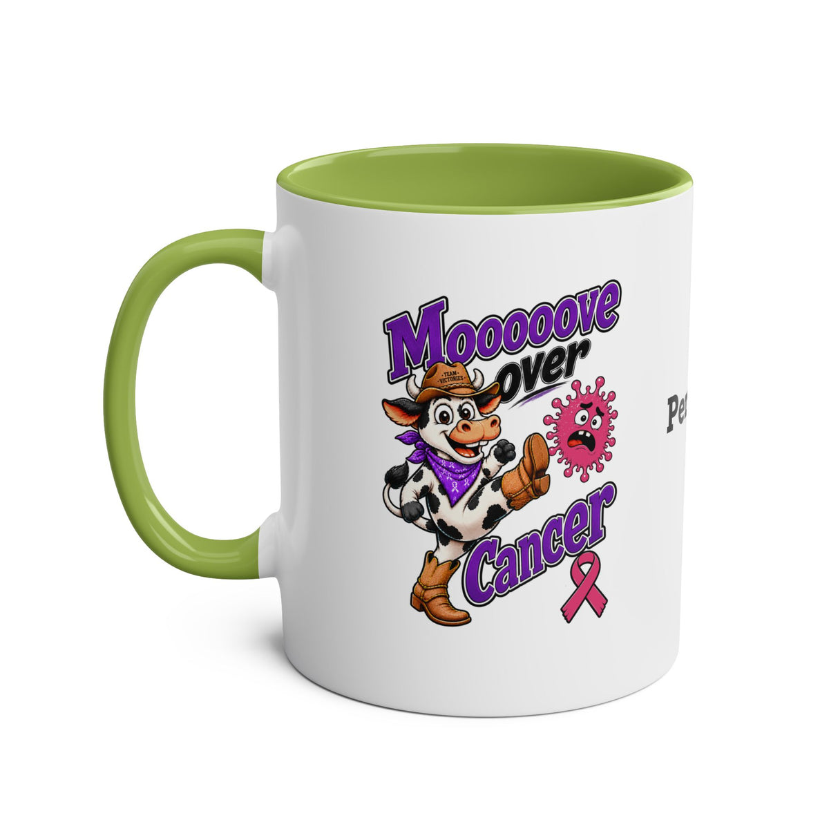 Moooove Over Cancer two-tone mug with green handle and interior