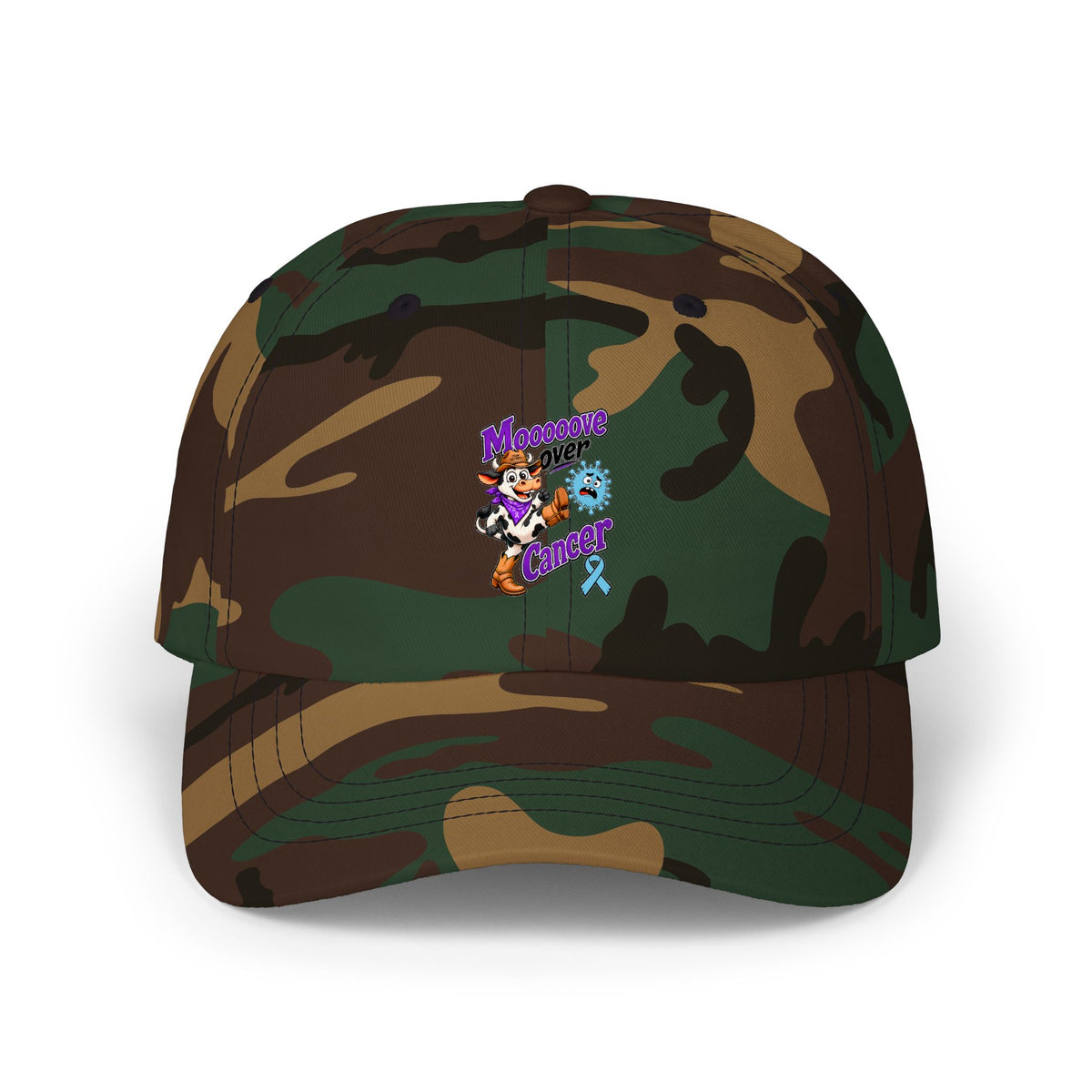 Woman wearing a white Moooove Over Cancer dad cap with Prostate Cancer awareness ribbon