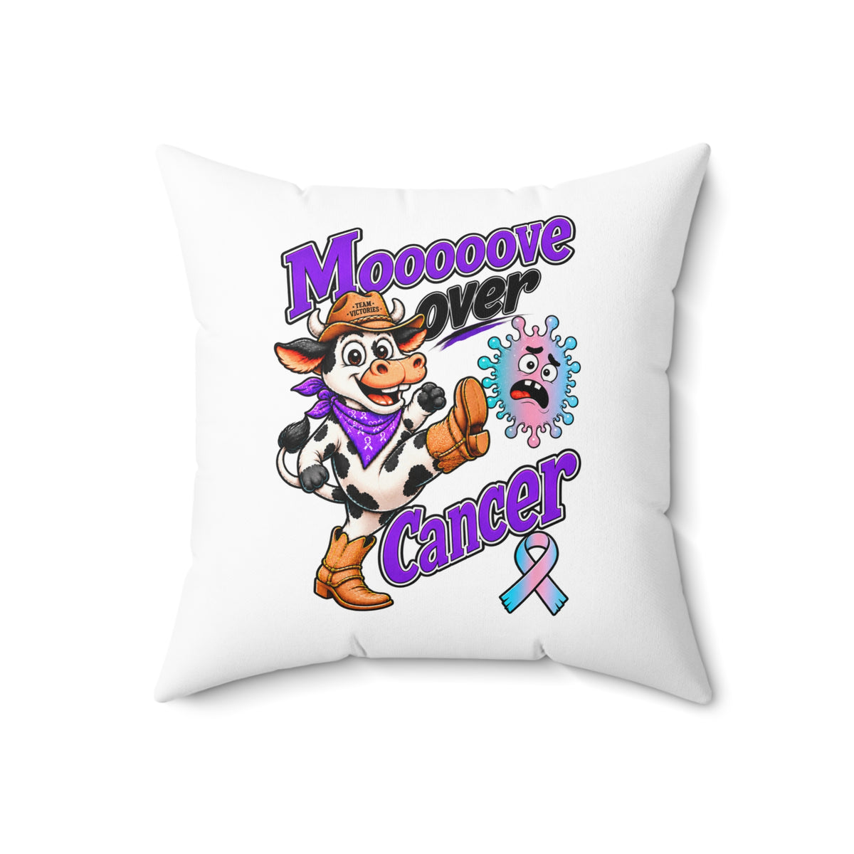 Close view of Moooove Over Cancer throw pillow cow design and Thyroid Cancer awareness ribbon