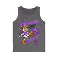 Charcoal Moooove Over Cancer tank top with cow and purple ribbon graphic