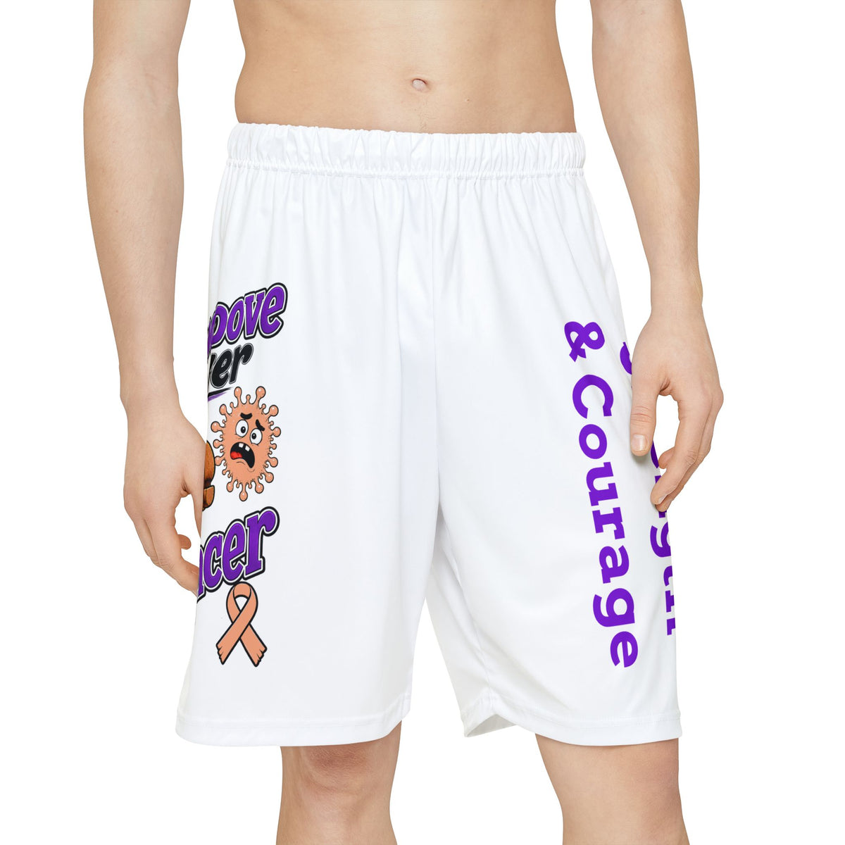 Front view of Moooove Over Cancer sports shorts with adjustable waistband and colorful cow design