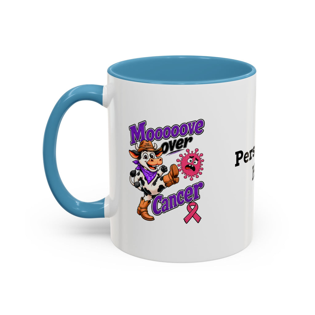 Moooove Over Cancer mug with blue accent and personalization area