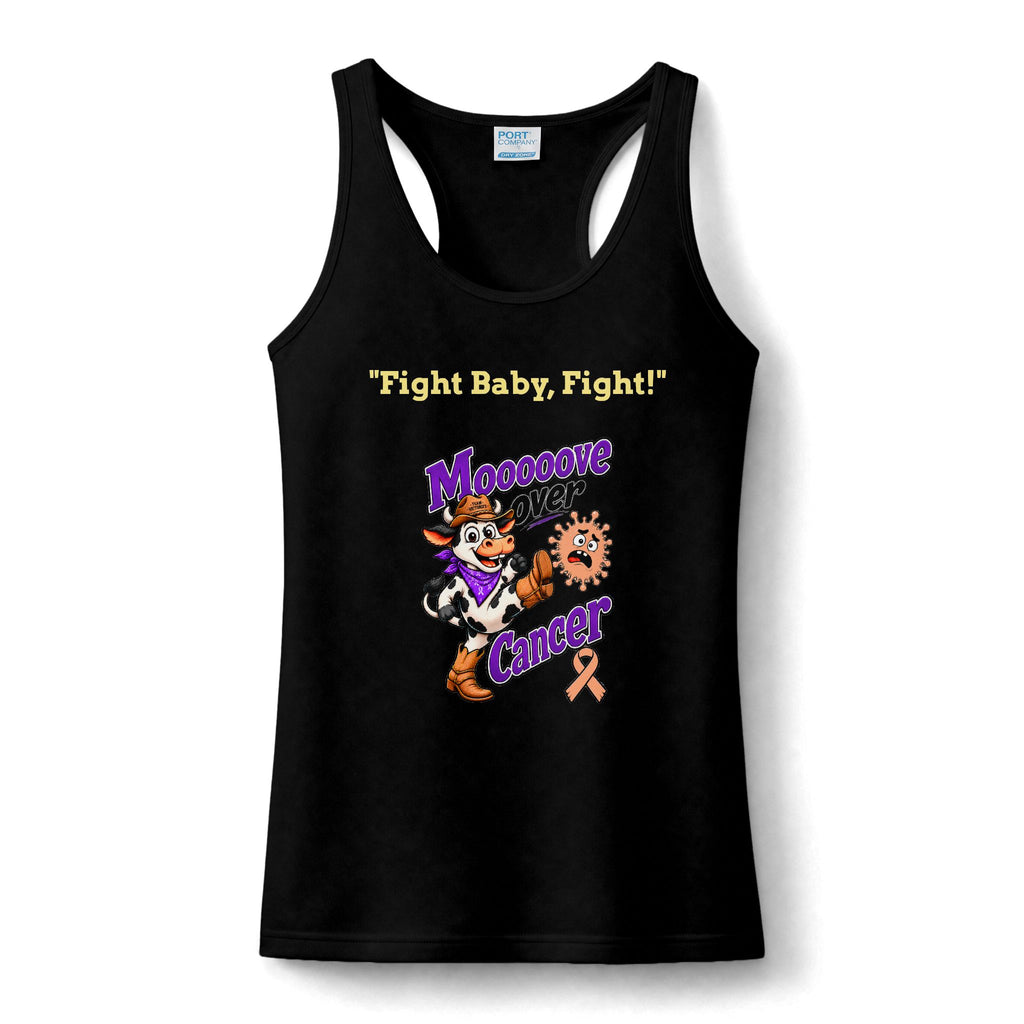 Moooove Over Cancer women's tank top with Uterine Cancer awareness ribbon, black front view