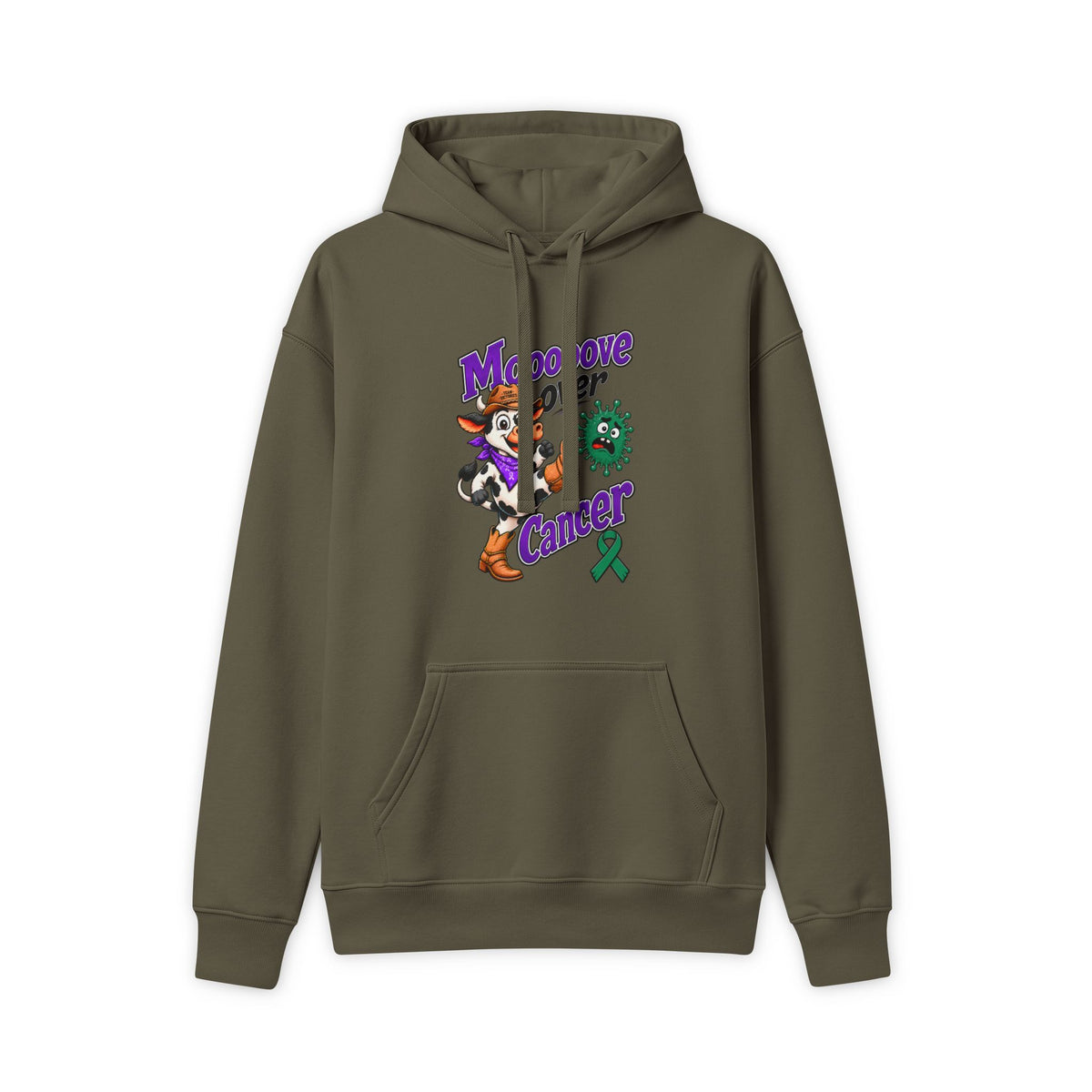 Moooove Over Cancer hoodie with green Liver Cancer awareness ribbon, front view in dark olive