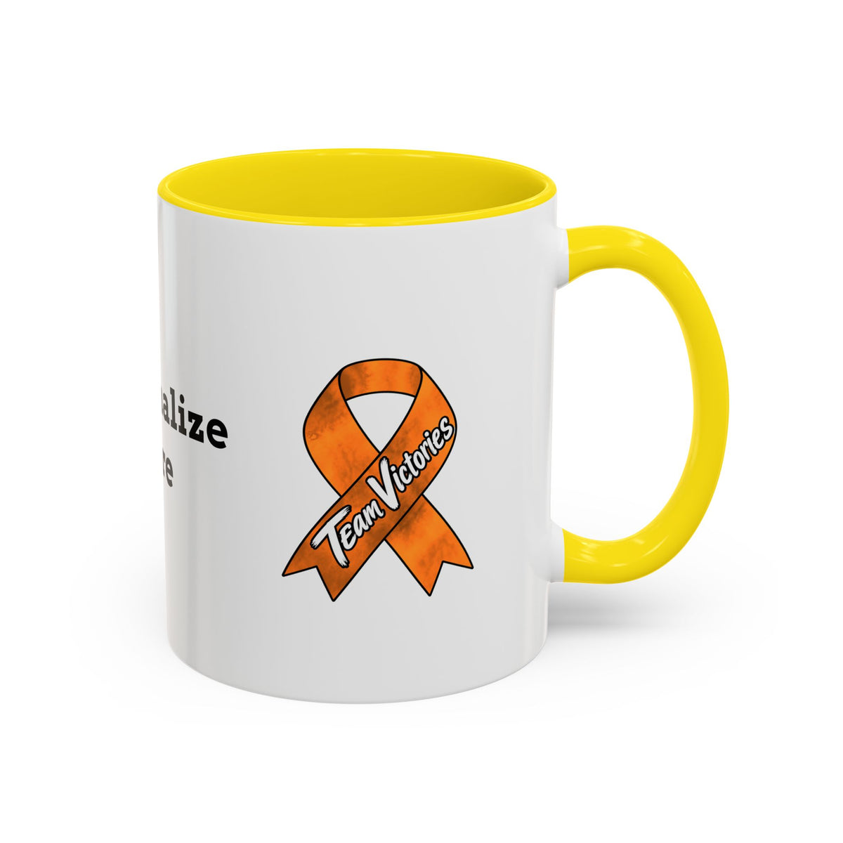 Moooove Over Cancer mug showing Team Victories Leukemia/Kidney Cancer awareness ribbon with green accents