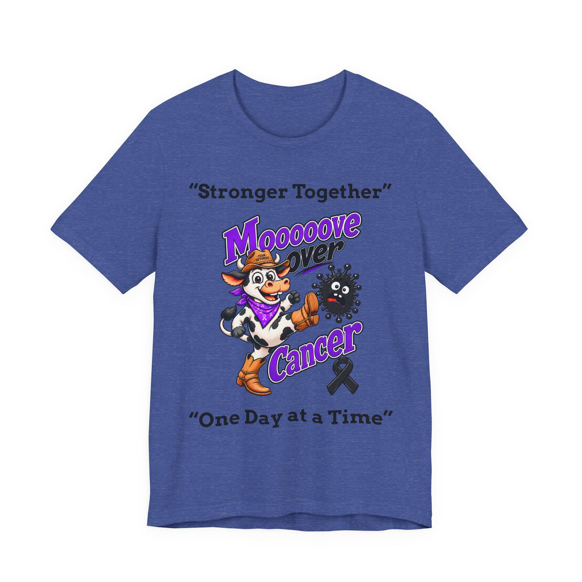 Moooove Over Cancer blue T-shirt with purple cow cancer artwork