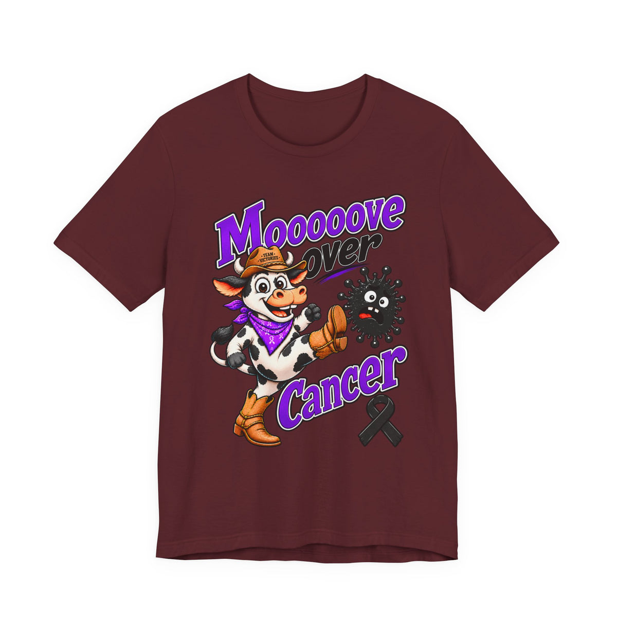 Pink Moooove Over Cancer T-shirt with cow artwork and black Melanoma Cancer awareness ribbon