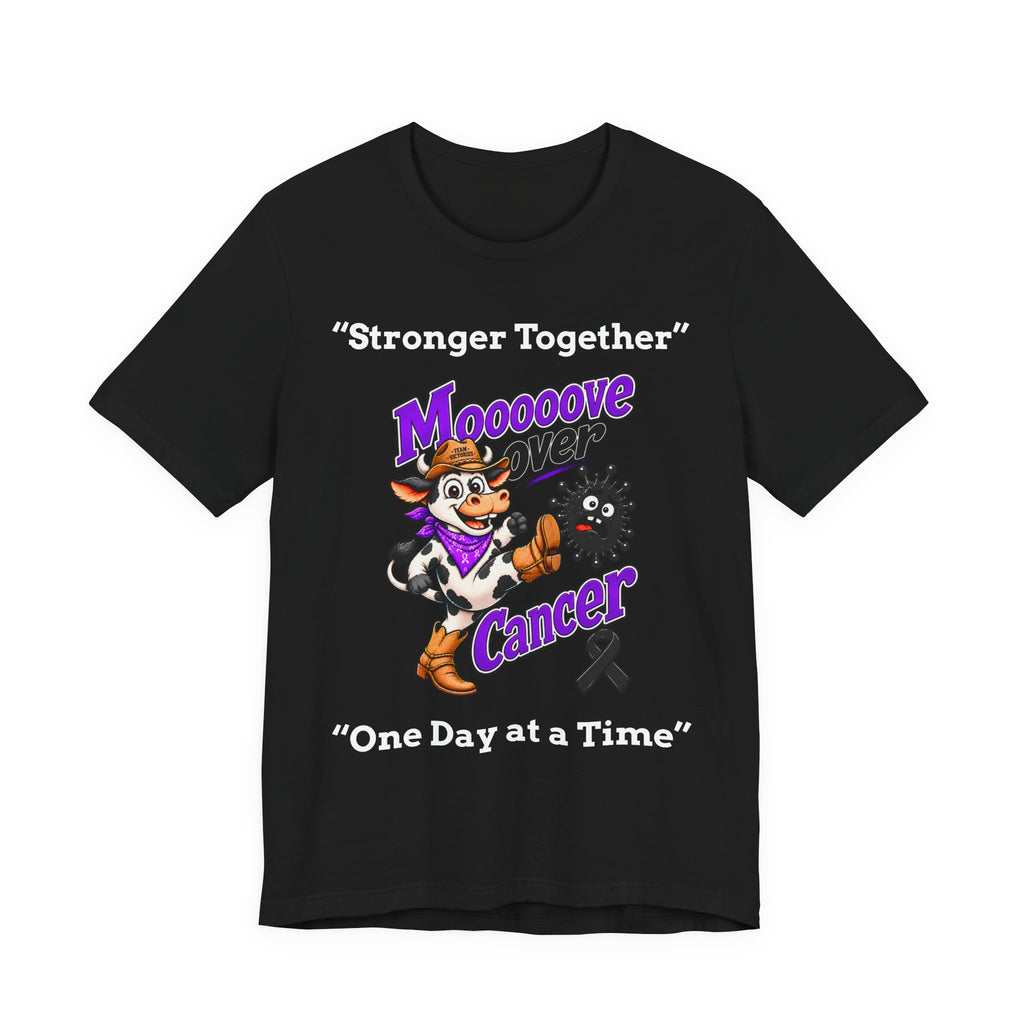 Moooove Over Cancer black T-shirt featuring Western cow and Cancer lettering
