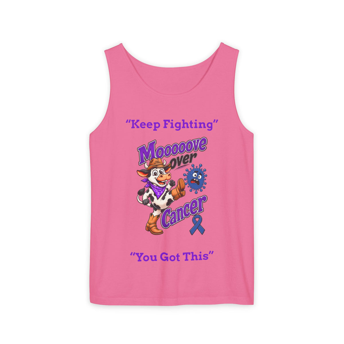 Model wearing white Moooove Over Cancer tank top with Colon Cancer awareness ribbon