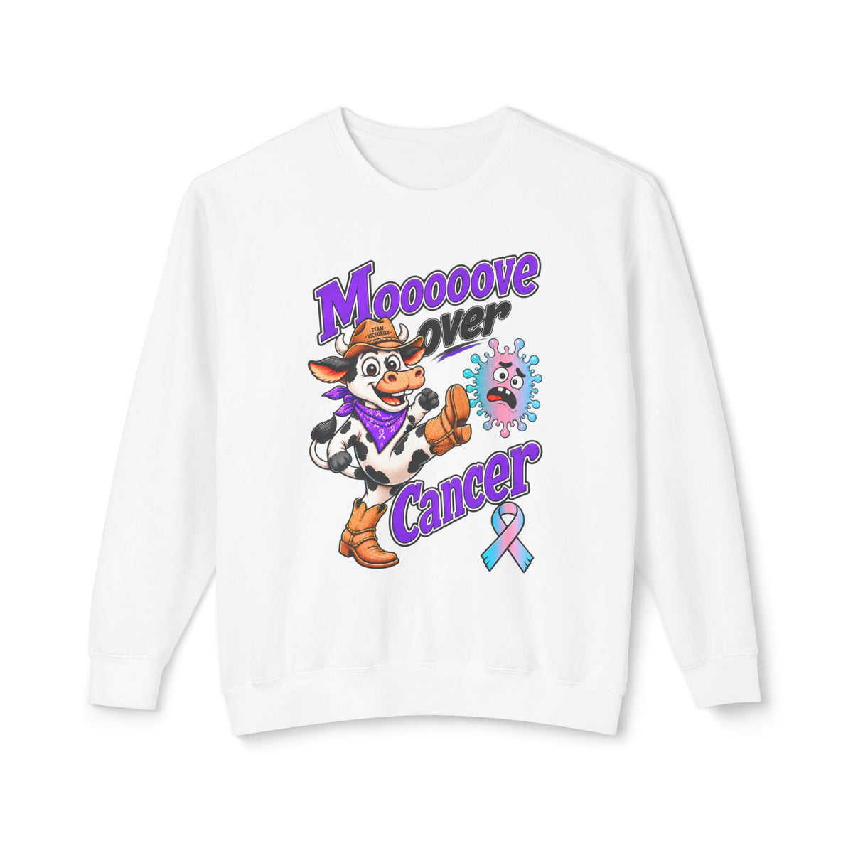 Moooove Over Cancer white sweatshirt with cow artwork and Thyroid Cancer awareness ribbon