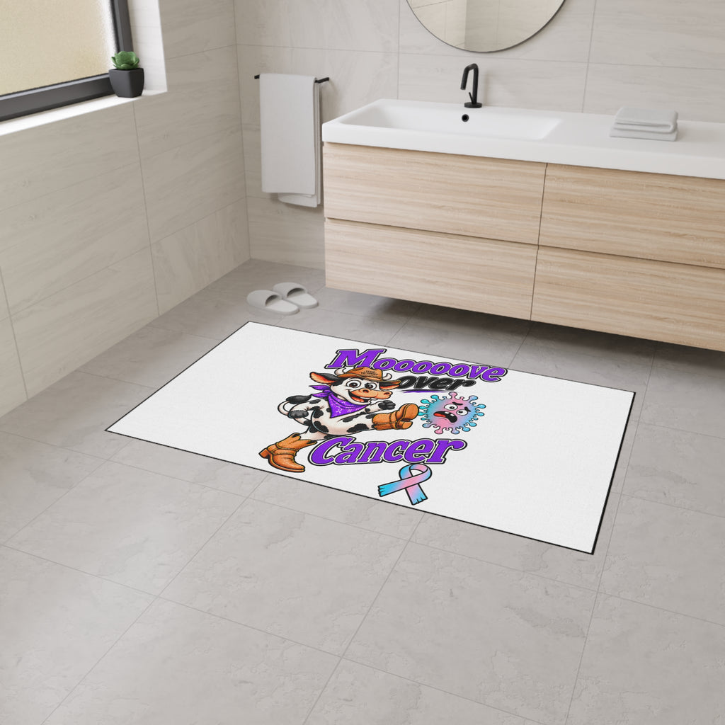 Moooove Over Cancer floor mat shown in a bathroom from an angled view