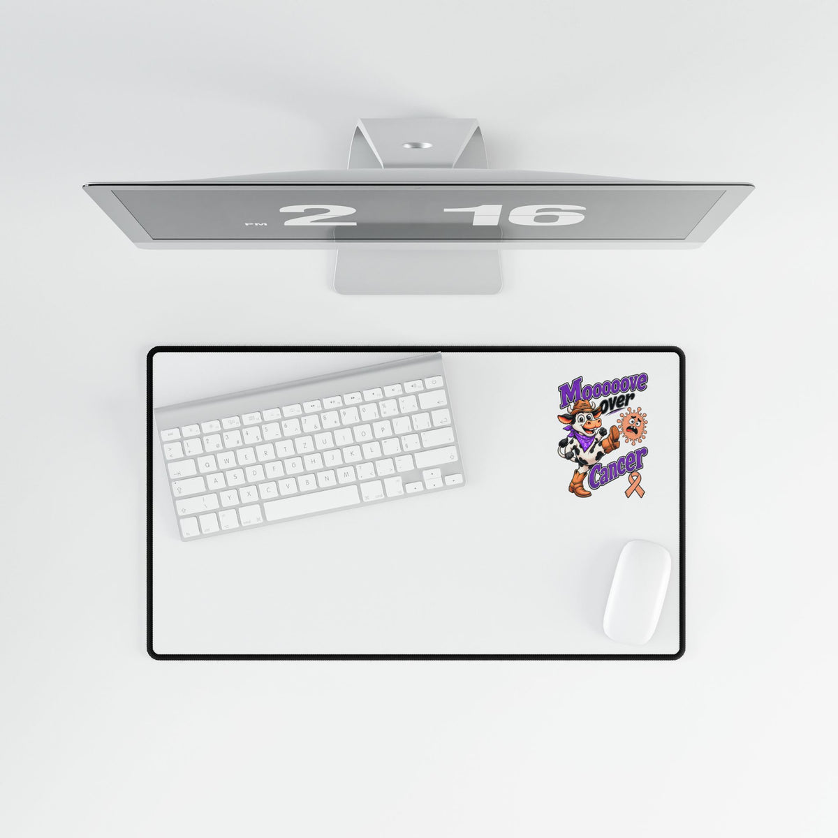 Moooove Over Cancer desk mat workspace setup with keyboard and mouse