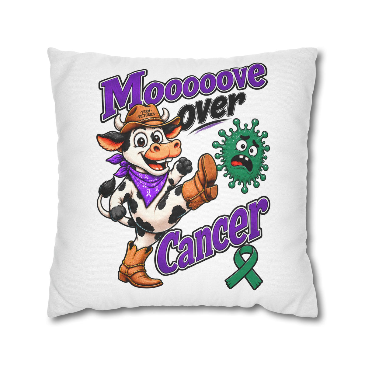 Close view of Moooove Over Cancer pillowcase with green Liver Cancer awareness ribbon
