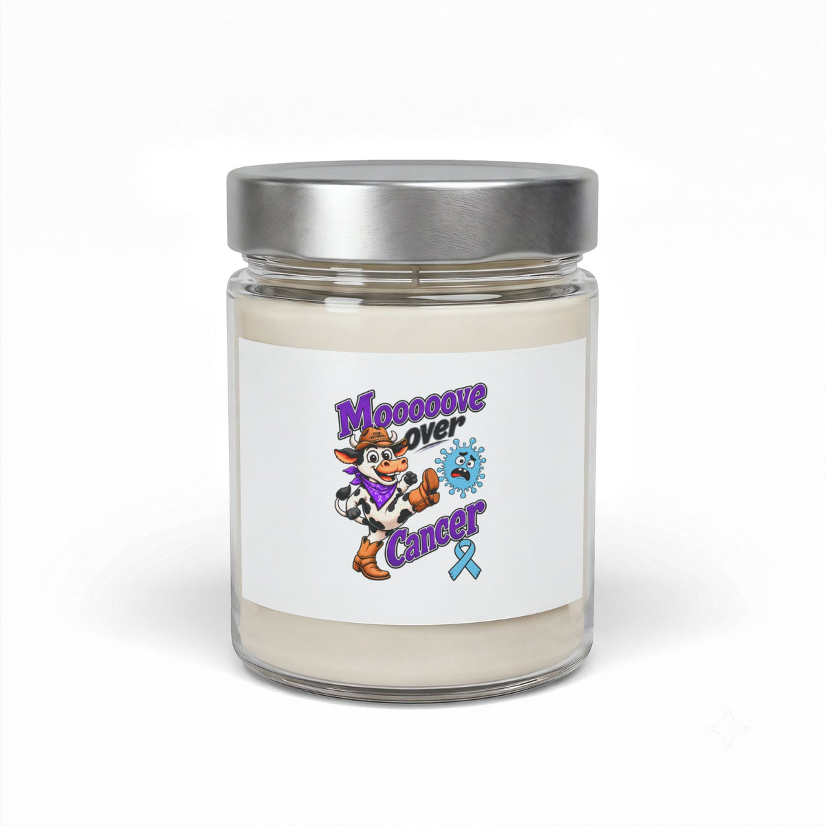 Moooove Over Cancer 9 oz soy candle with Prostate Cancer awareness ribbon label