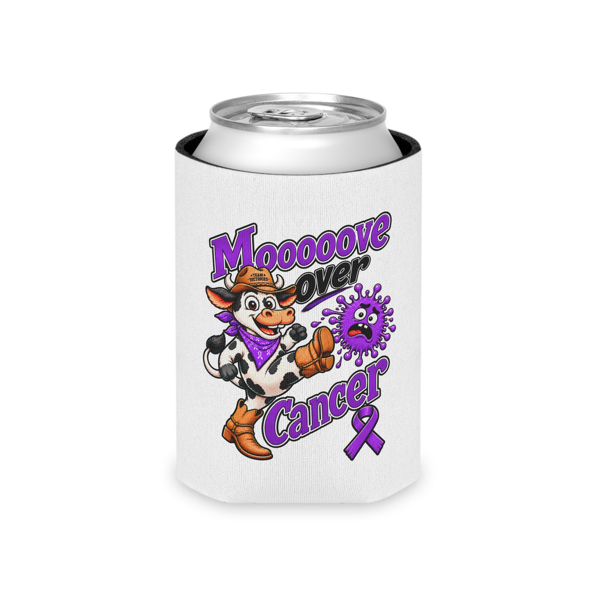 Moooove Over Cancer can cooler holding a regular beverage can