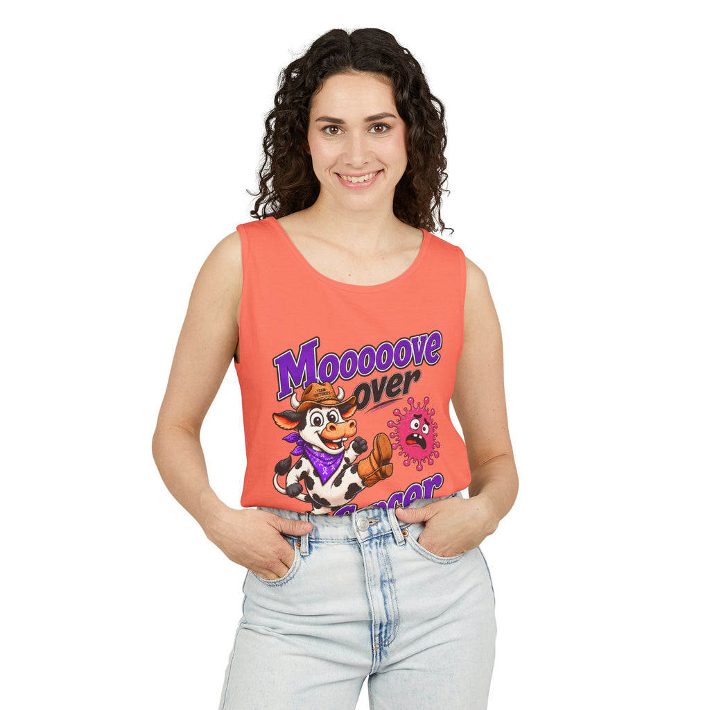 Man wearing cream Moooove Over Cancer tank top with Breast Cancer awareness ribbon