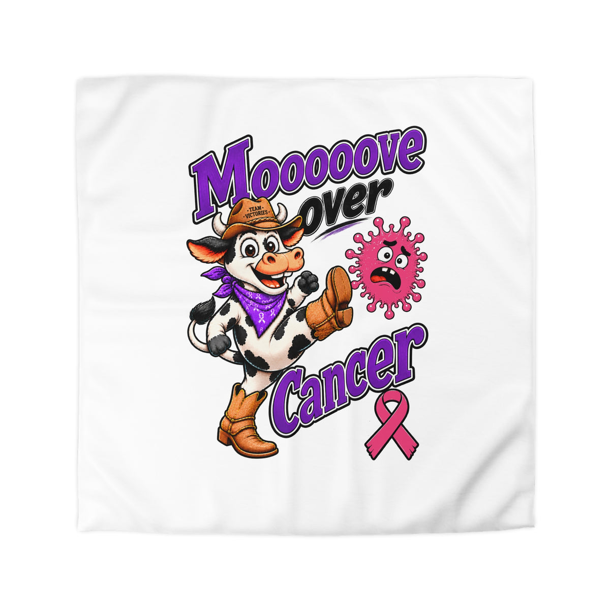 Moooove Over Cancer duvet cover front view with Breast Cancer awareness ribbon design