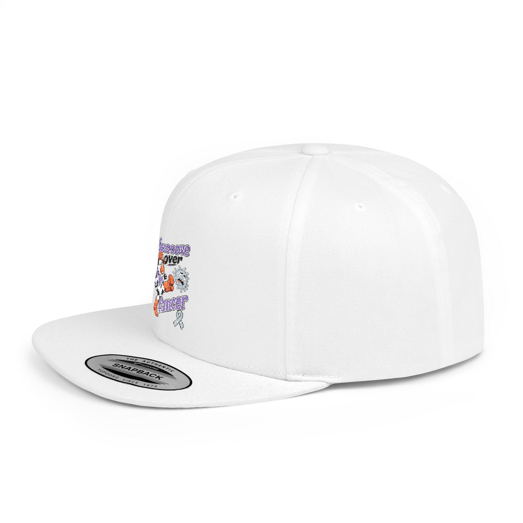 Back view of white Moooove Over Cancer snapback hat with adjustable plastic closure