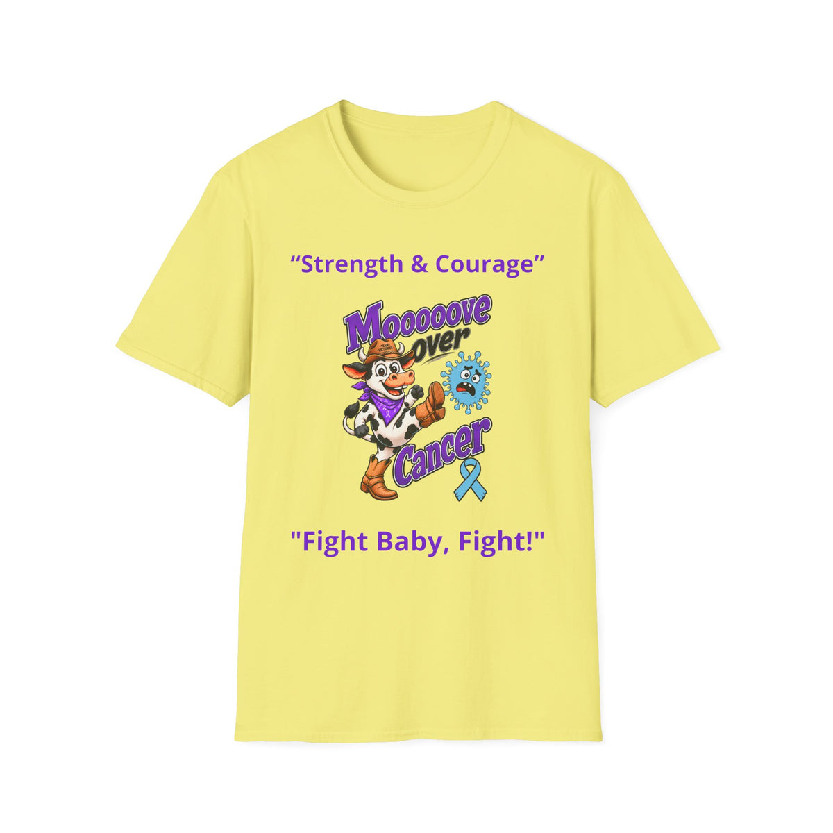 Moooove Over Cancer yellow T-shirt with bold Western artwork and Prostate Cancer awareness ribbon