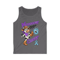 Charcoal Moooove Over Cancer tank top displaying colorful cancer support artwork