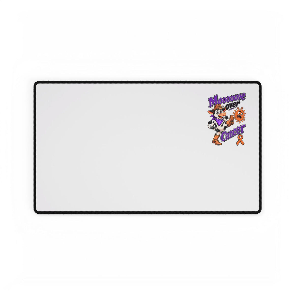 Moooove Over Cancer medium desk mat with colorful artwork and black stitched edge