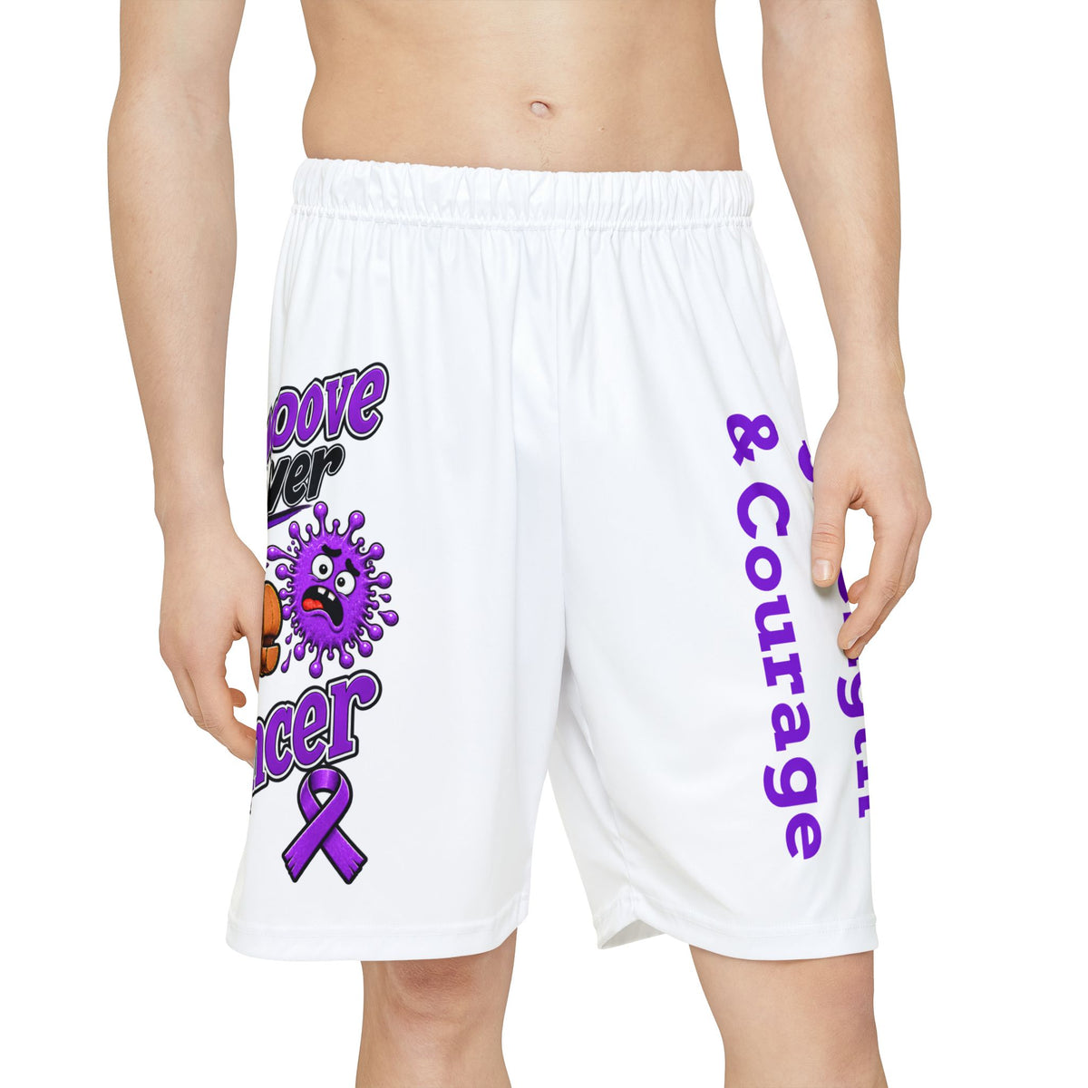 Front view of Moooove Over Cancer athletic shorts with purple ribbon artwork