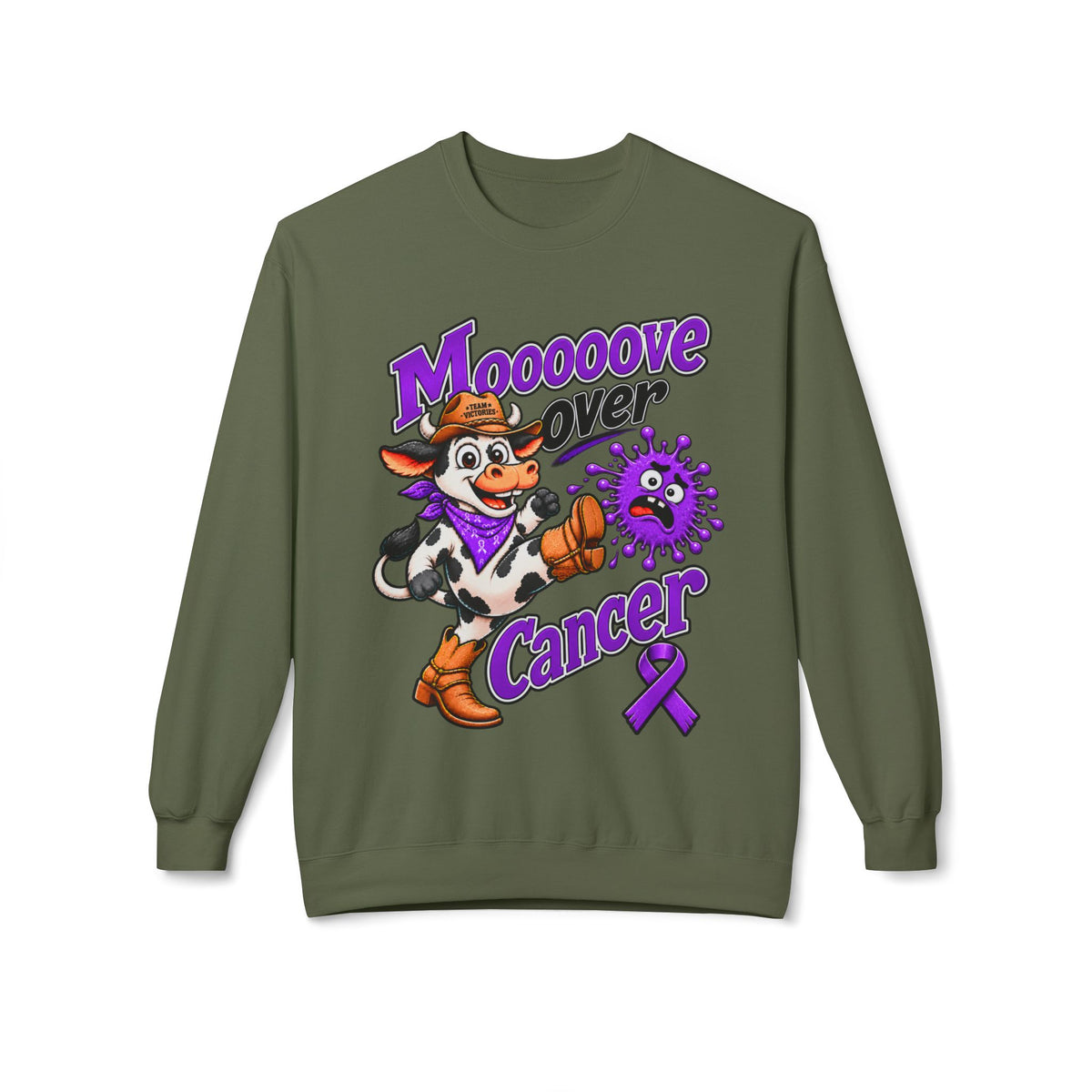 Brown Moooove Over Cancer sweatshirt with Pancreatic Cancer awareness ribbon graphic