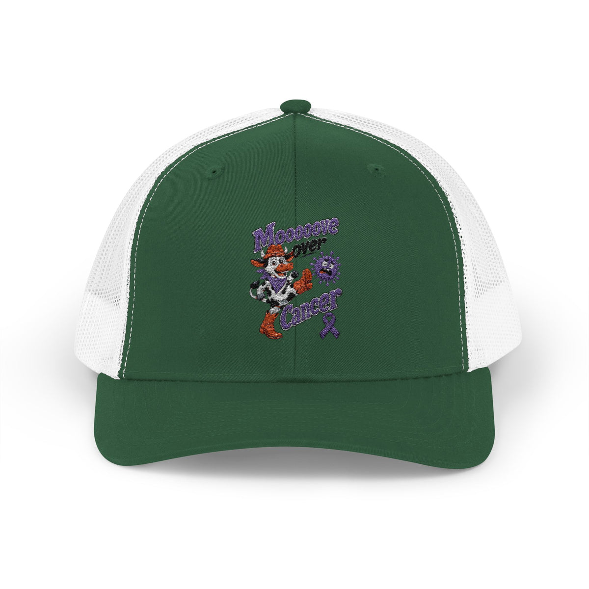 Green Moooove Over Cancer embroidered trucker hat with Colon Cancer awareness design
