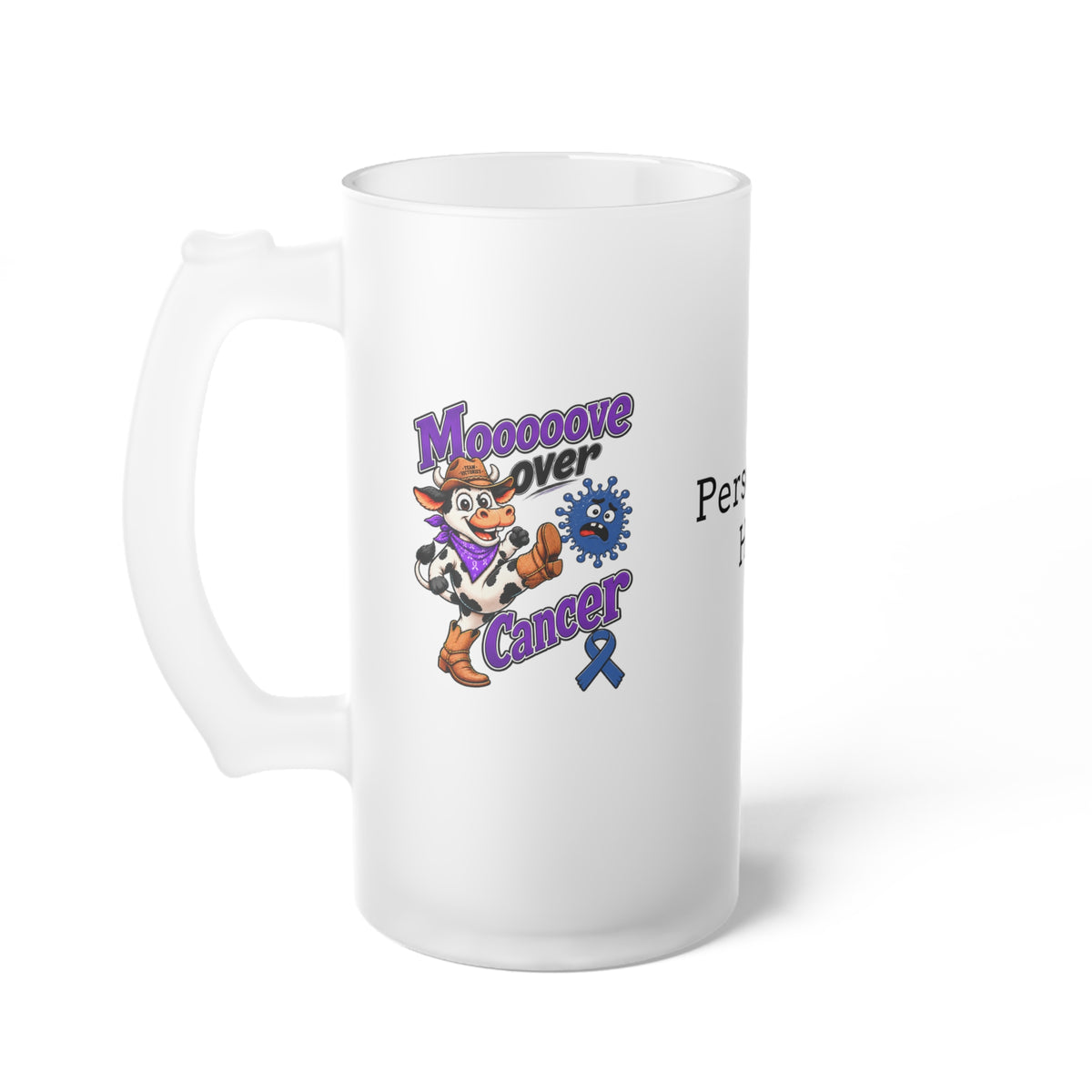 Moooove Over Cancer frosted glass mug with cow artwork, ribbon design, and stein-style handle