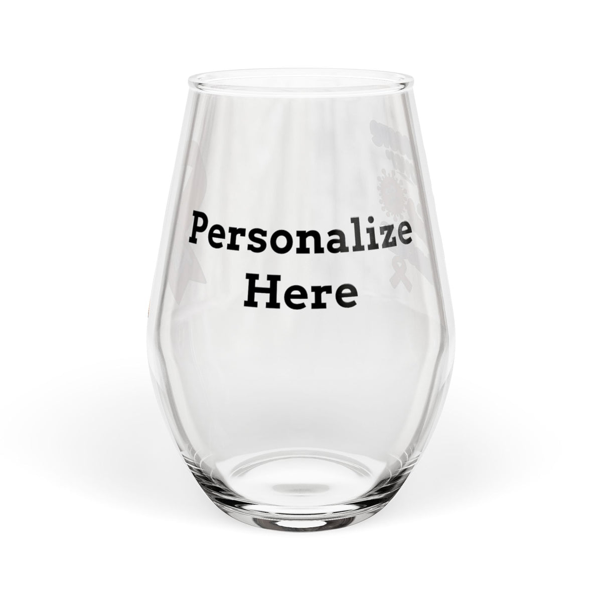 Moooove Over Cancer stemless wine glass showing the custom name personalization area
