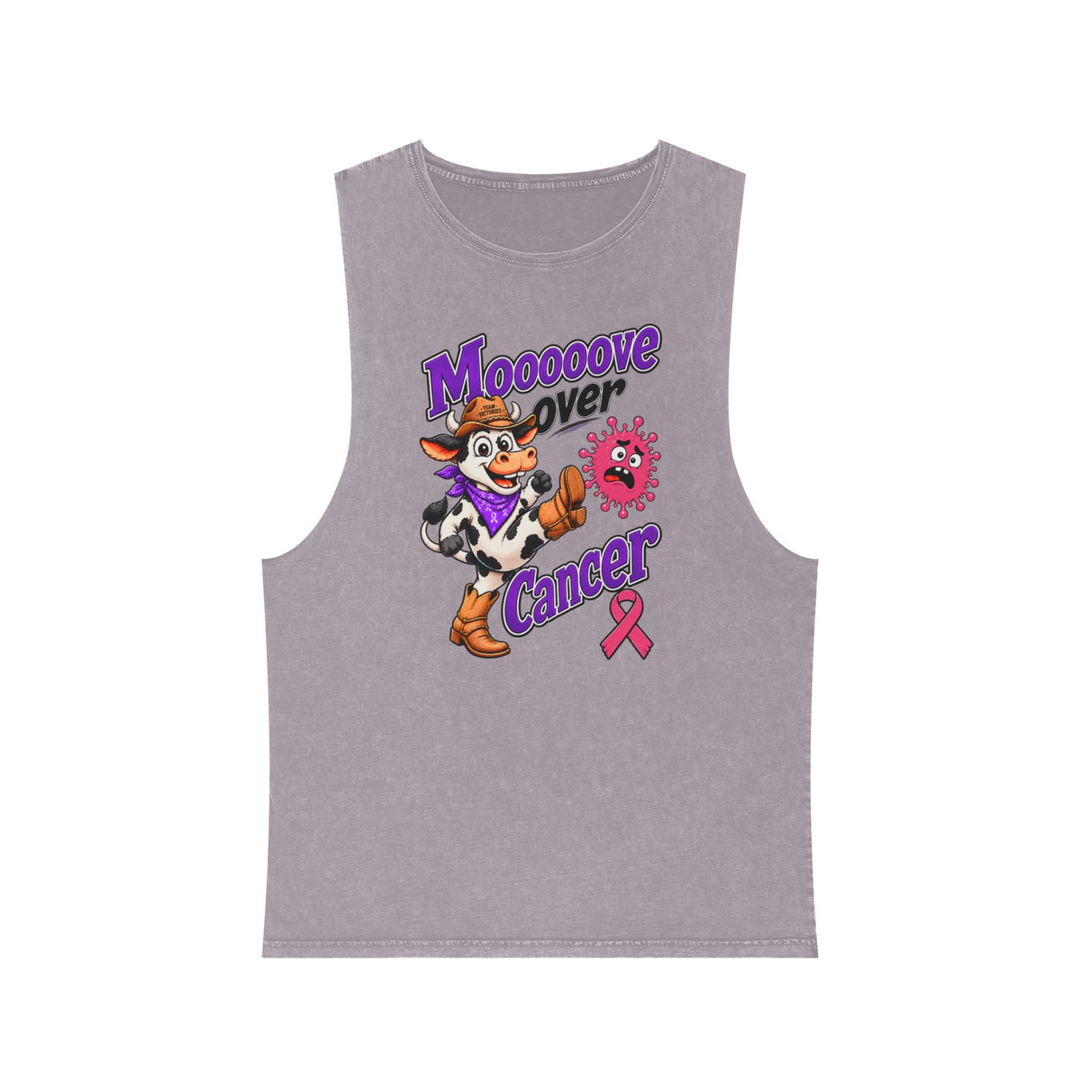 Moooove Over Cancer mauve tank top featuring a pink Breast Cancer awareness ribbon