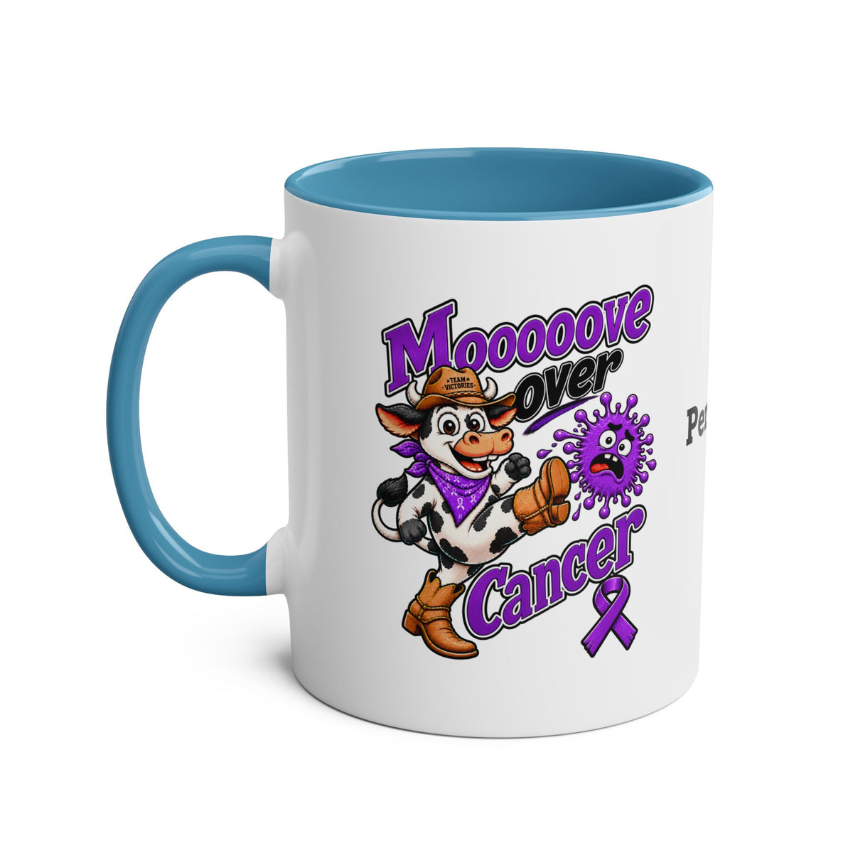 Moooove Over Cancer Team Victories mug with blue interior and handle