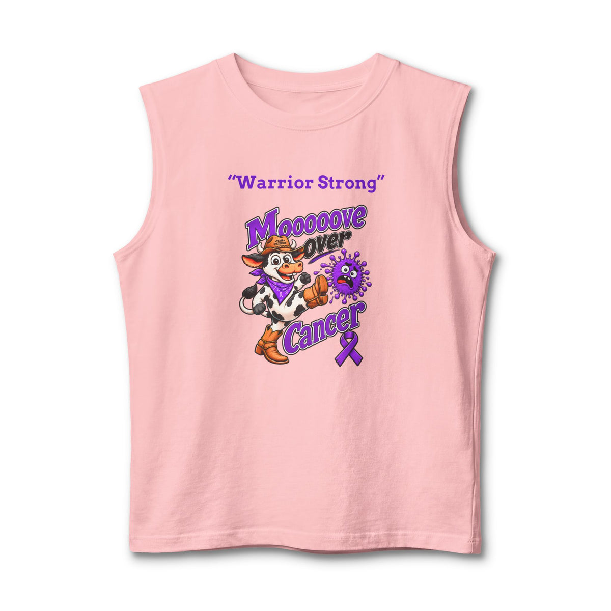 Pink Moooove Over Cancer tank top with Warrior Strong design and Pancreatic Cancer awareness ribbon