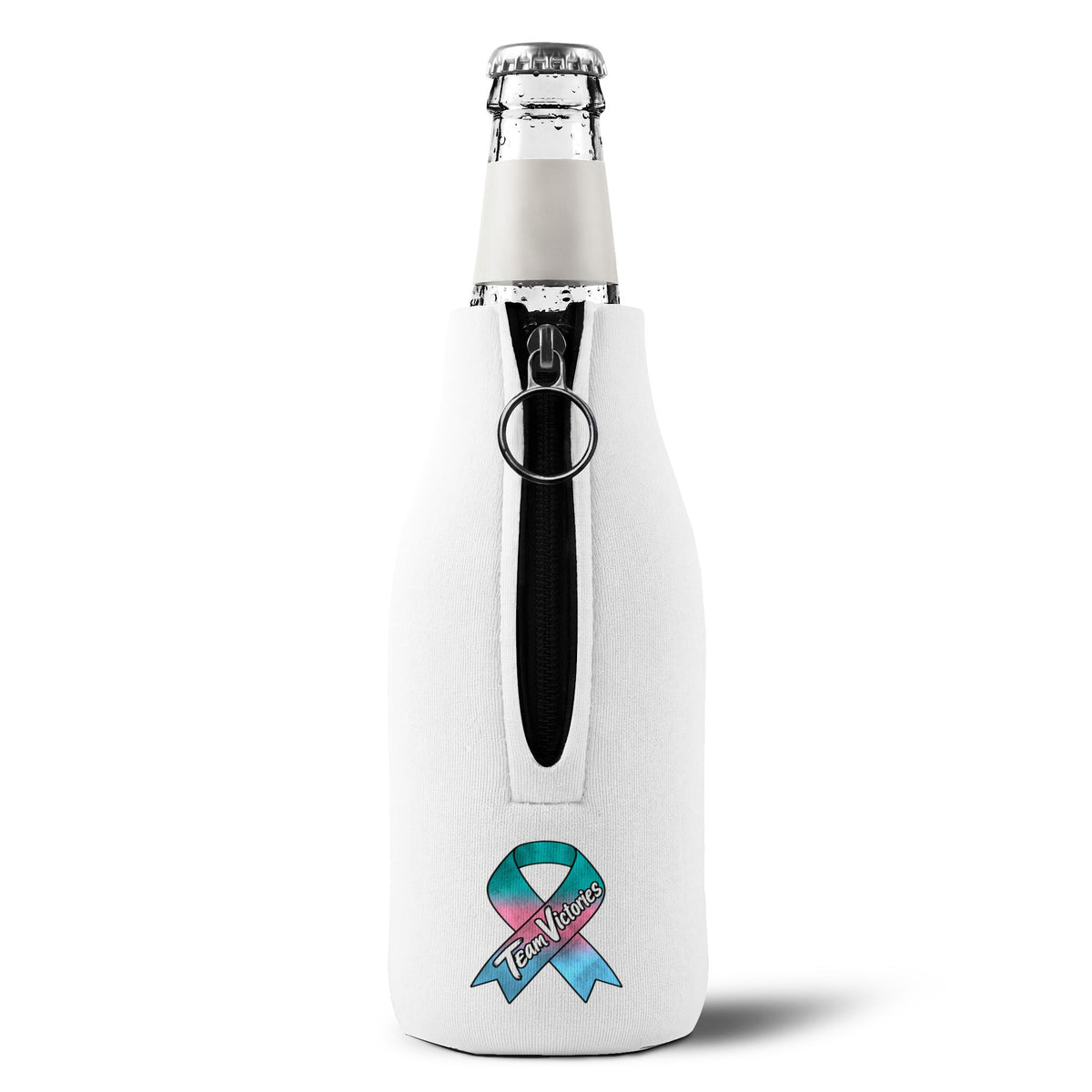 Back view of zip-up bottle cooler sleeve showing the Thyroid Cancer awareness ribbon