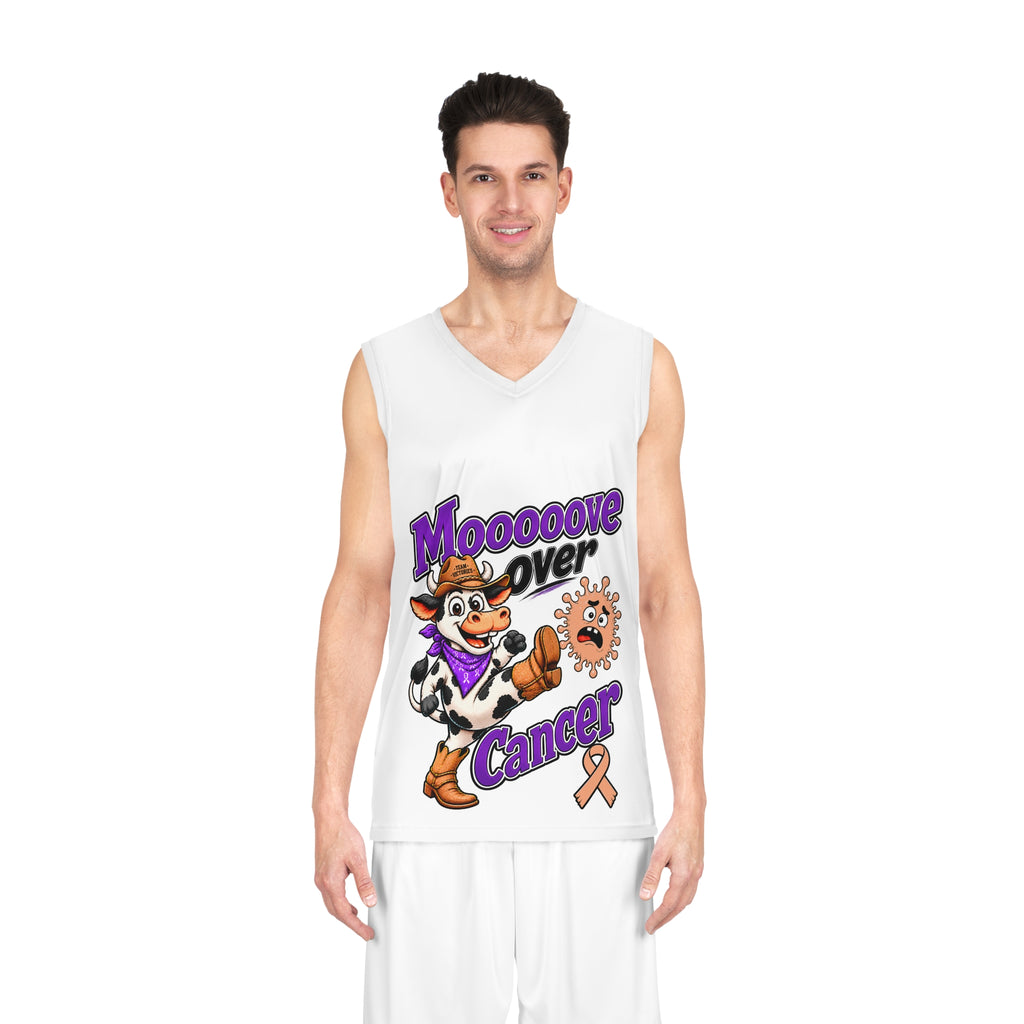 Front view of Moooove Over Cancer white basketball jersey on model