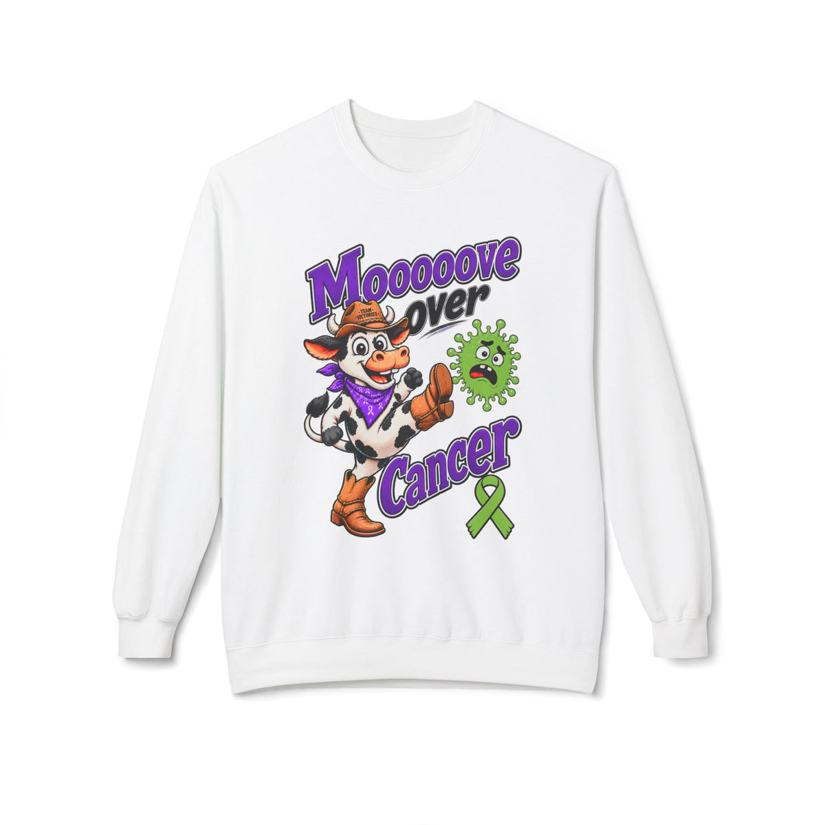 Moooove Over Cancer crewneck sweatshirt with cow graphic and Non-Hodgkin/Lymphoma Cancer awareness ribbon