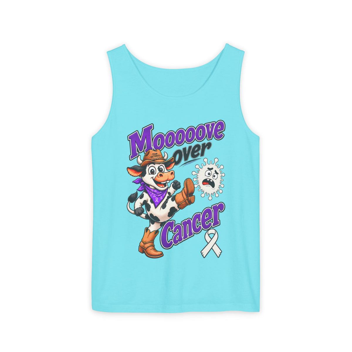 Moooove Over Cancer tank top with cow illustration and Lung Cancer awareness ribbon in turquoise