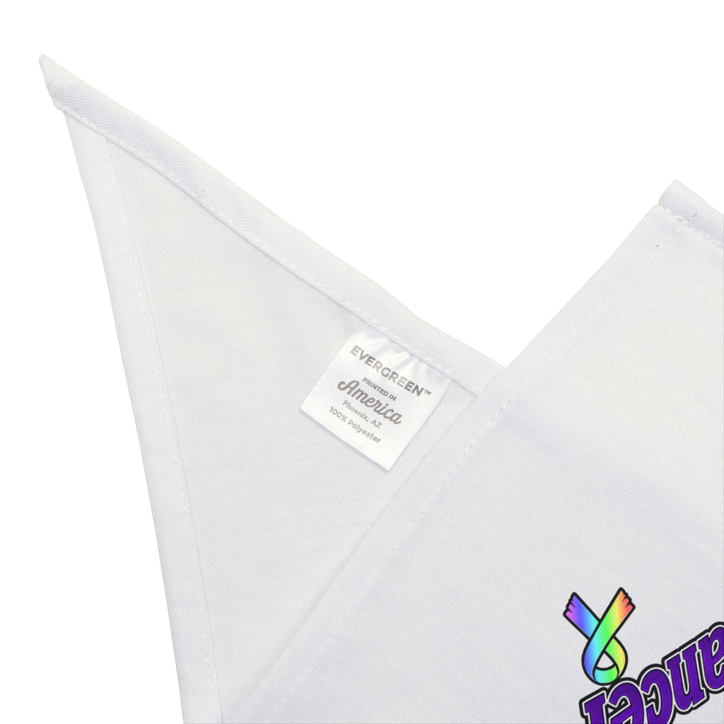Close-up of the hemmed edge and label on a Moooove Over Cancer pet bandana