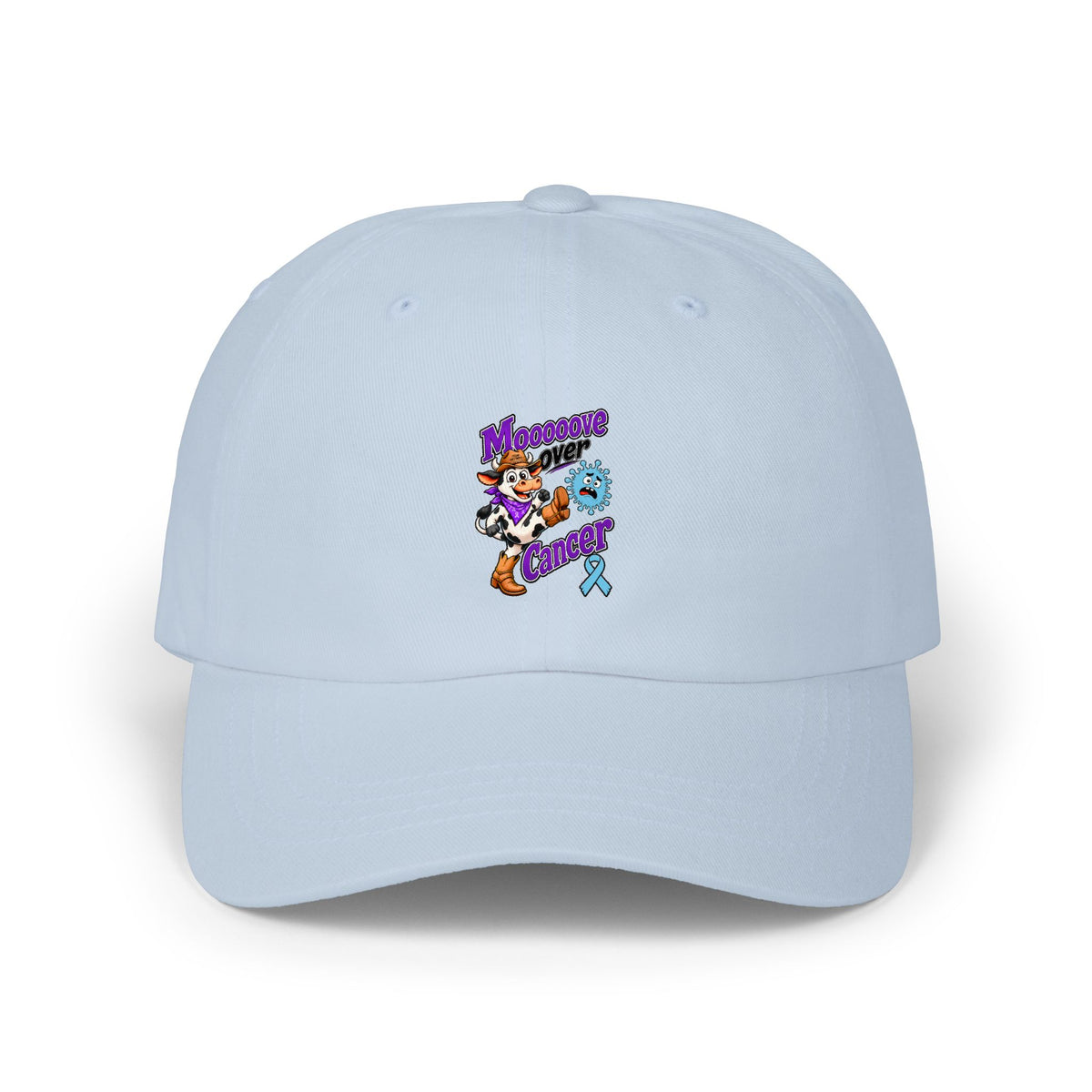 Tan Moooove Over Cancer dad cap with Prostate Cancer awareness ribbon artwork