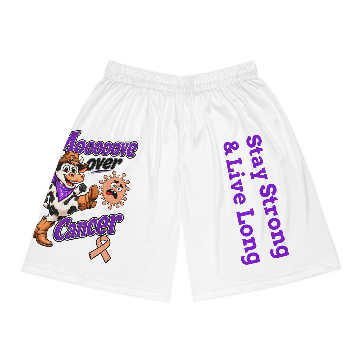 Moooove Over Cancer basketball shorts with colorful artwork, orange ribbon, and Stay Strong & Live Long slogan