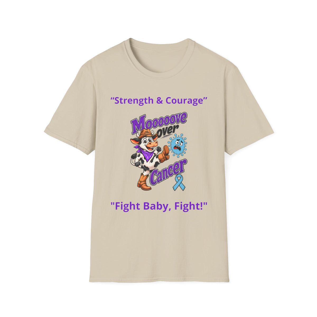 Moooove Over Cancer T-shirt in beige with Western cancer-support artwork and Prostate Cancer awareness ribbon