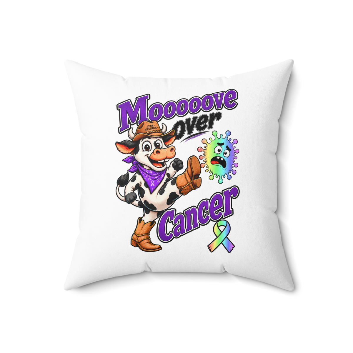 Moooove Over Cancer throw pillow featuring a playful cow and all-cancer awareness ribbon