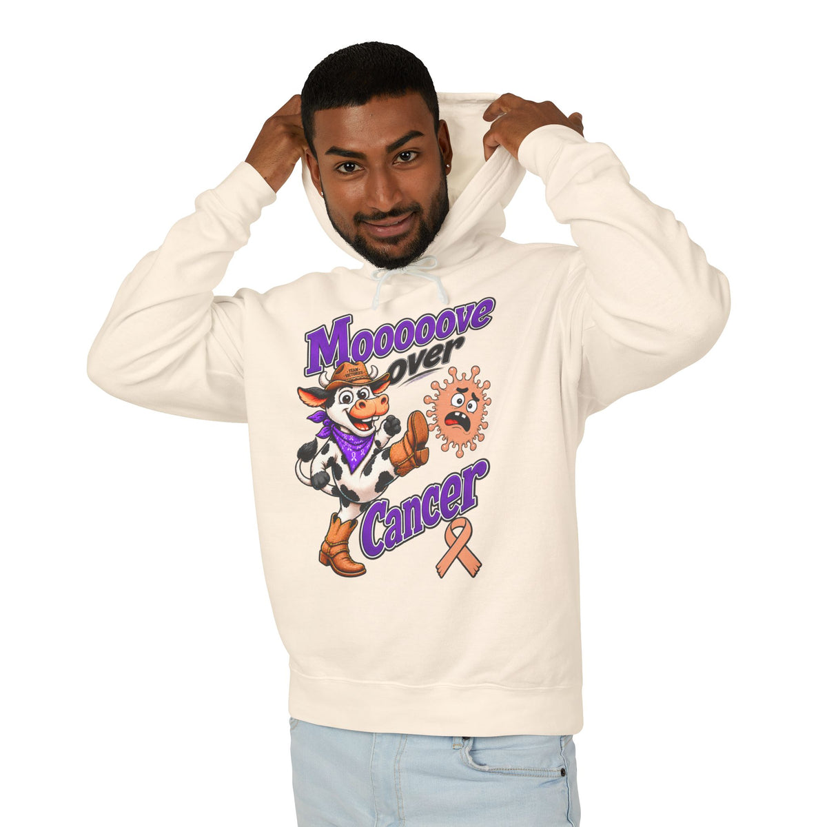 Man wearing a cream Moooove Over Cancer hoodie with peach Uterine Cancer awareness ribbon
