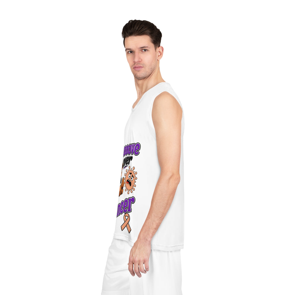 Side view of Moooove Over Cancer basketball jersey with cow artwork