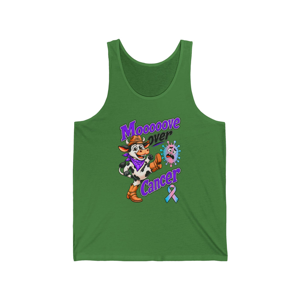 Green Moooove Over Cancer tank top with cow artwork and Thyroid Cancer awareness ribbon